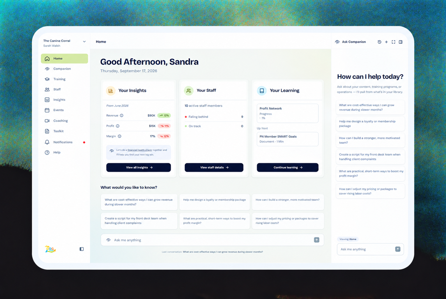 Manifest dashboard showing operator KPIs and learning plan