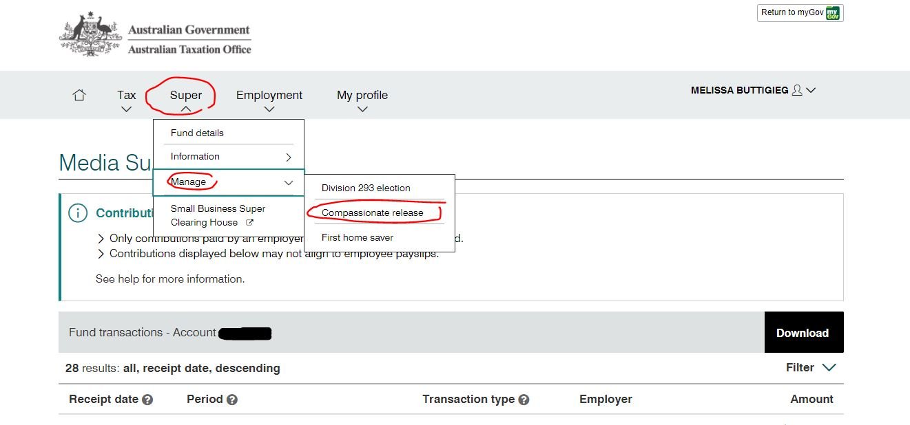 To access superannuation to pay for a funeral, click the ‘Super’ menu option, then the ‘Manage’ drop down option, then select ‘Compassionate release’.