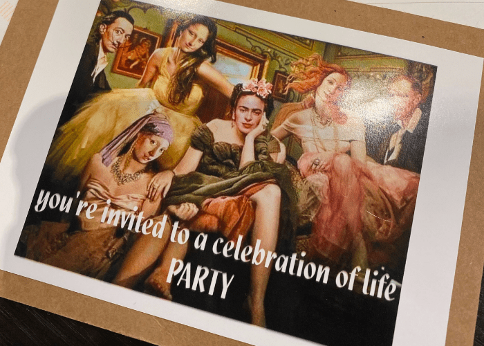 An invitation to Nives' living wake to celebrate life while she’s still here to enjoy the party.