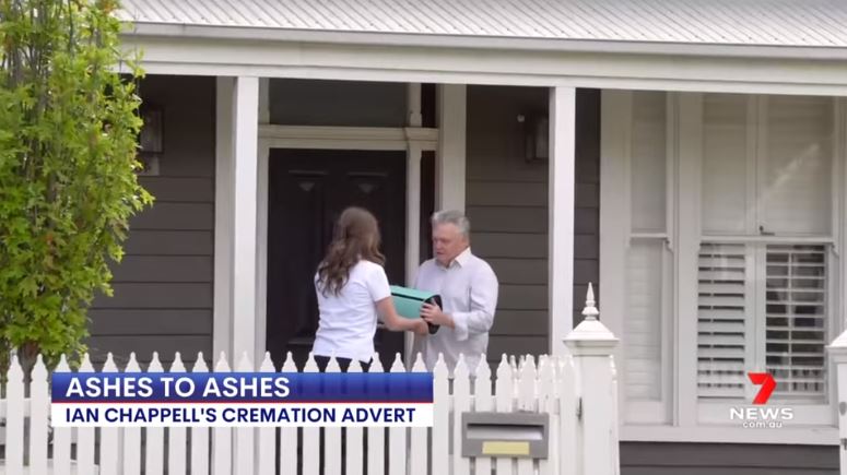 Ian Chappell features in an ashes ad for Bare Cremation, as seen on 7News.