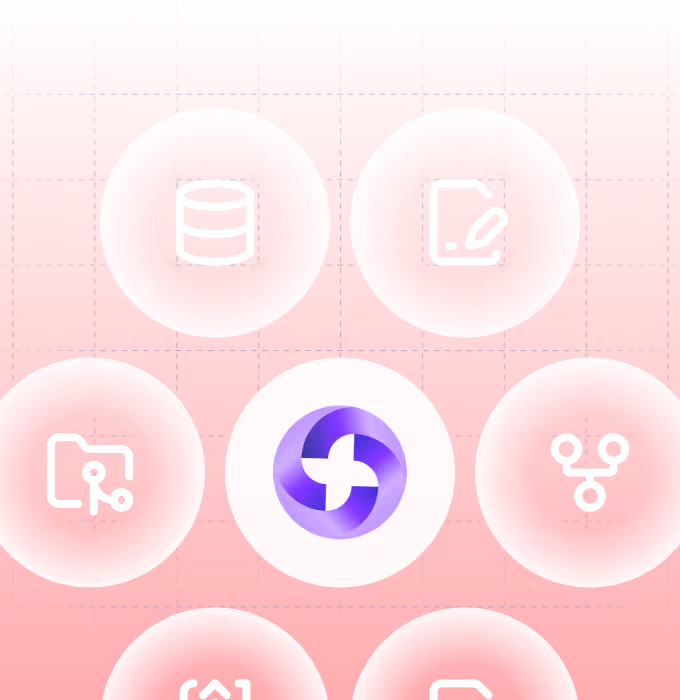 Seven white circular icons with technology symbols on a pink grid background, including a database, document with pencil, folder with circuit, flowchart nodes, and a central yarnit logo.