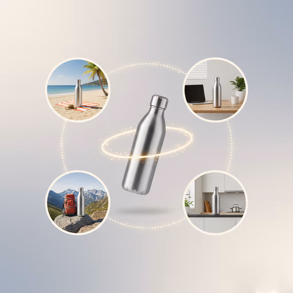 Stainless steel water bottle shown in the center with glowing ring, surrounded by circular images of the bottle on a beach, office desk, hiking rock, and kitchen counter.