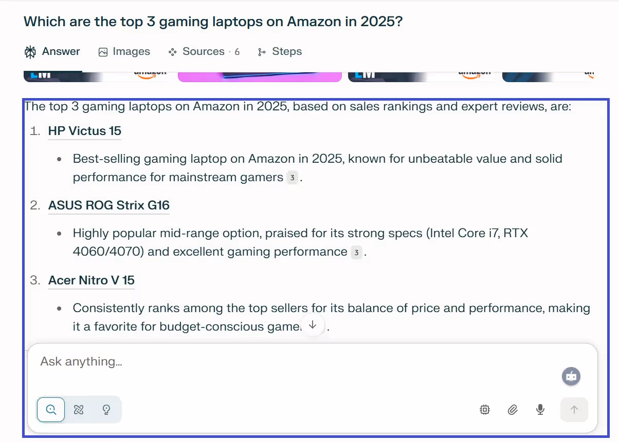 A user searching 'which are the top 3 gaming laptops on amazon in 2025' on perplexity