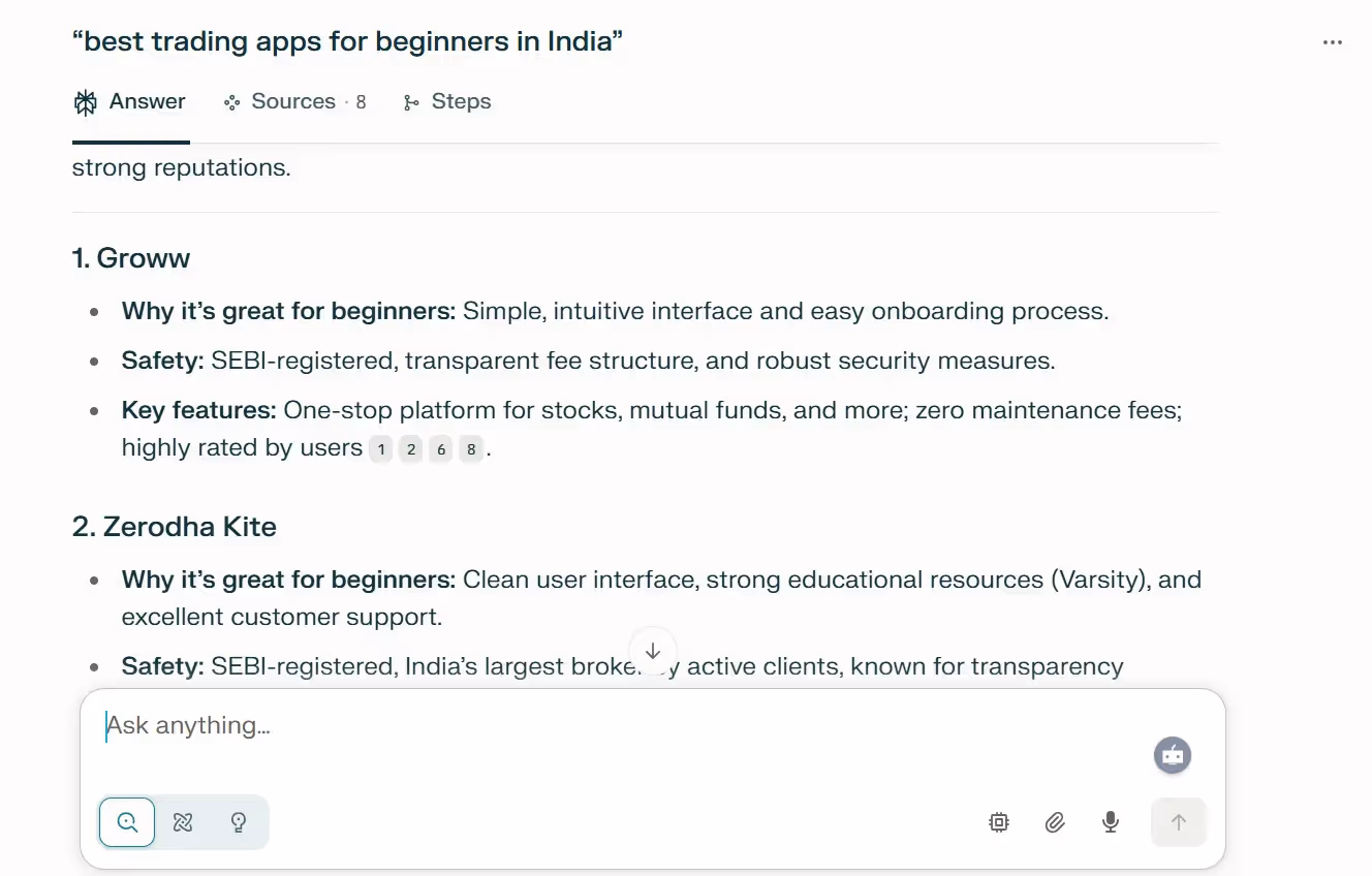 Example of a user searching “best trading apps for beginners in India” on Perplexity