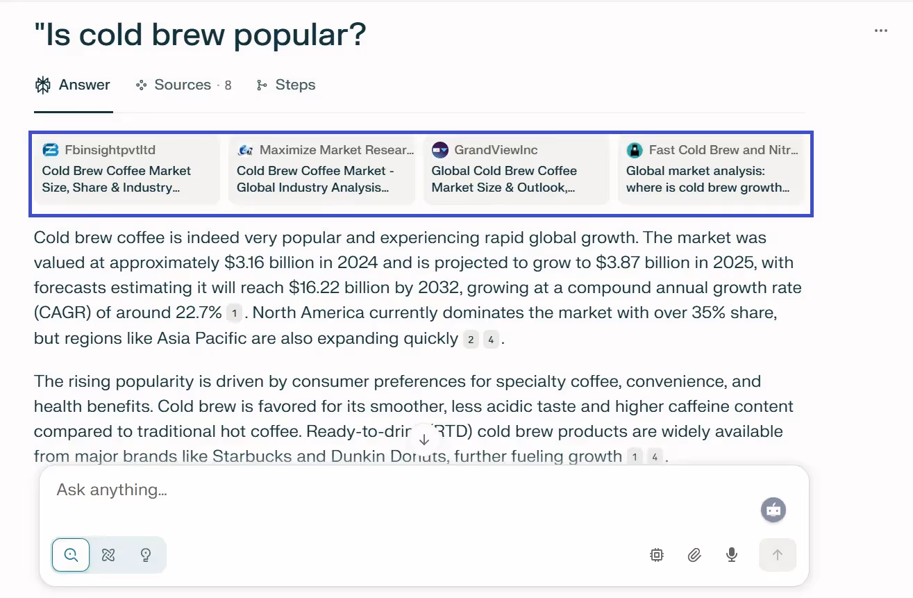 users search for “Is cold brew popular?” On Perplexity