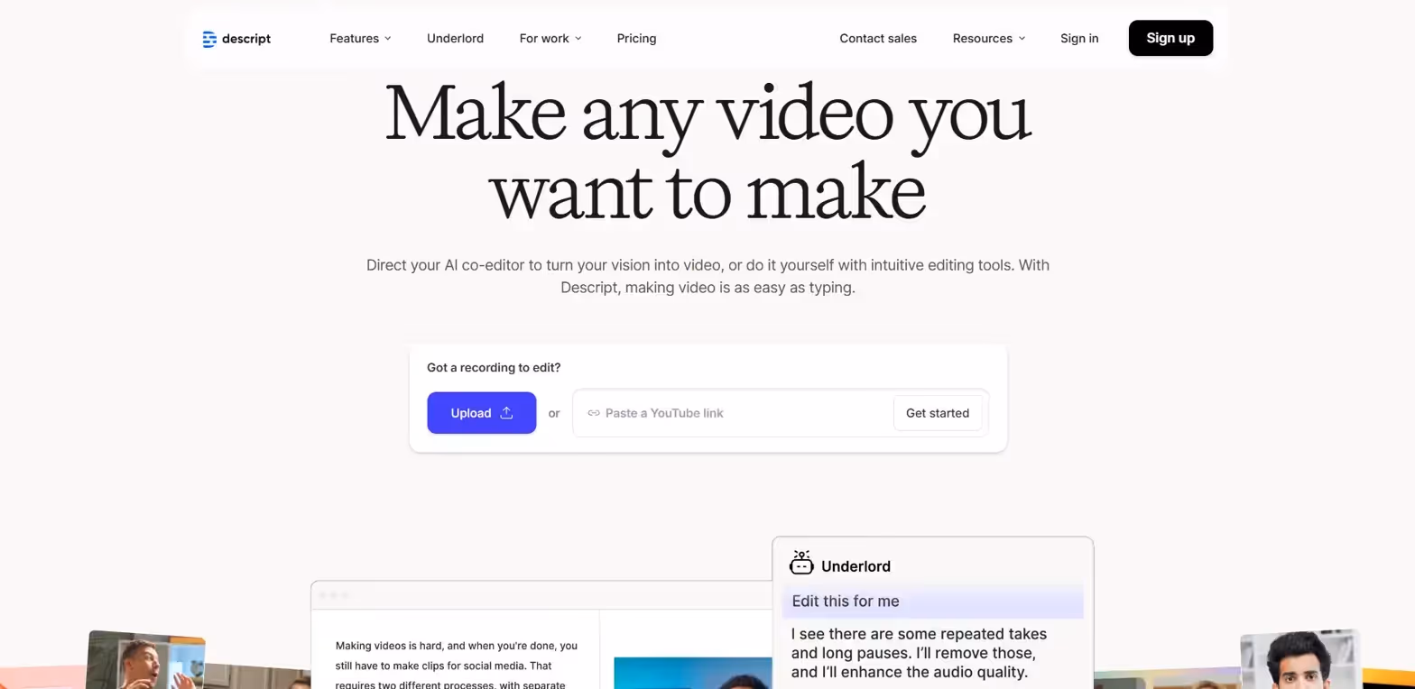 Descript B2B landing page example