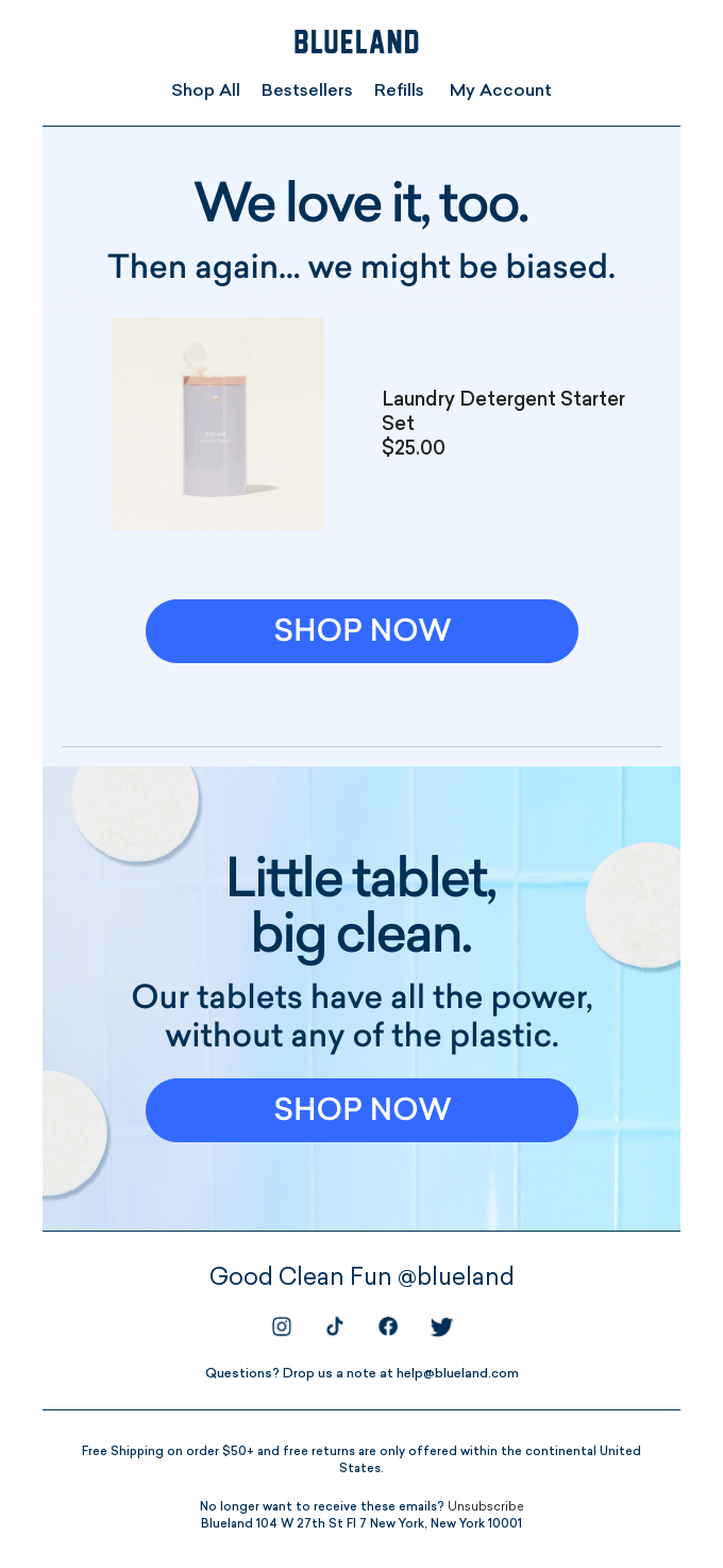 Blueland's abandoned cart email example