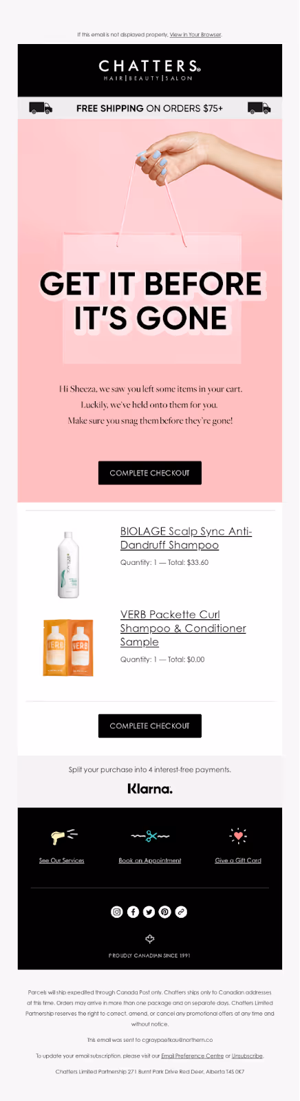 Chatters Salons' abandoned cart email example