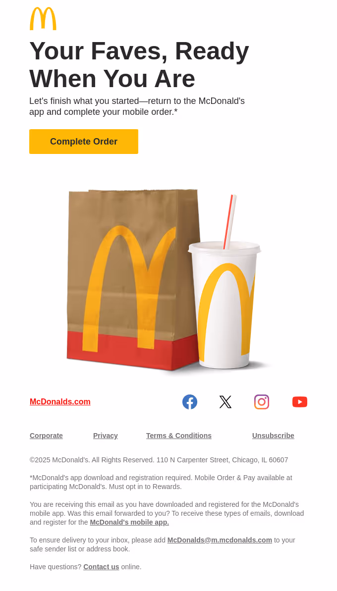 McDonald's abandoned cart email example