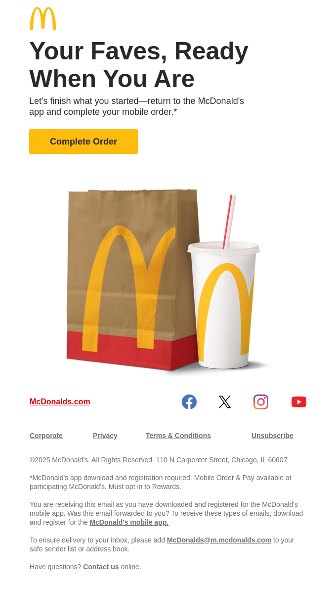 McDonald's abandoned cart email example