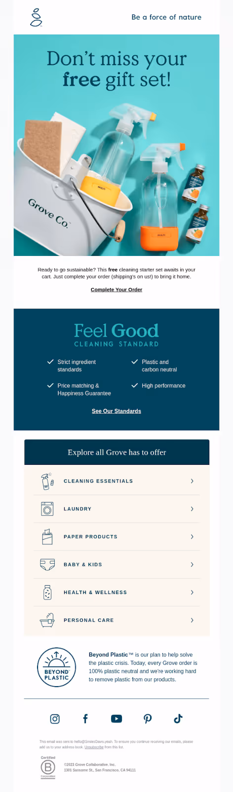 Grove Collaborative's abandoned cart email example