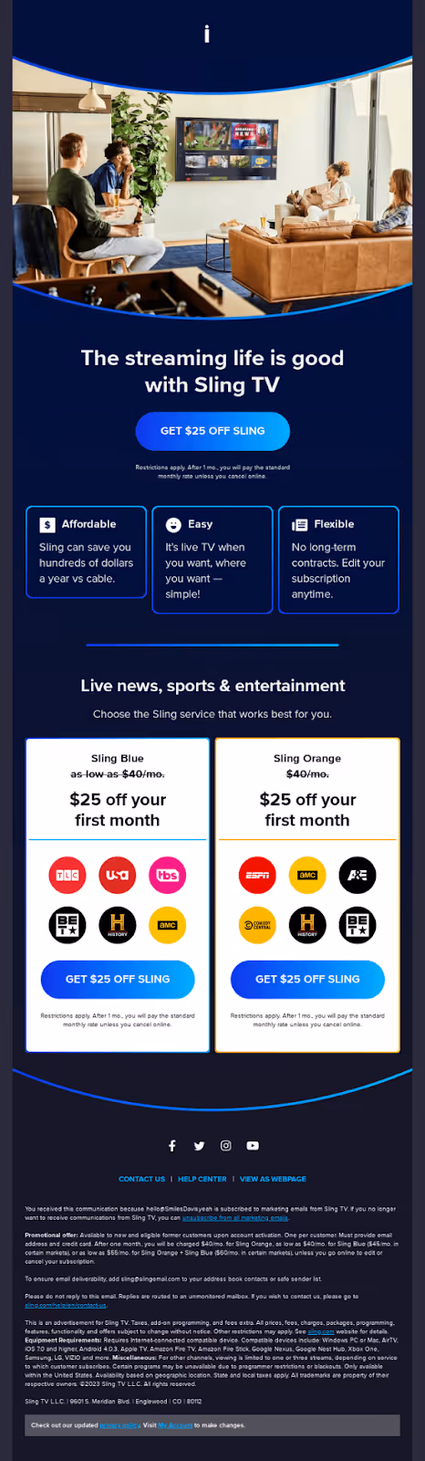 Sling's abandoned cart email example