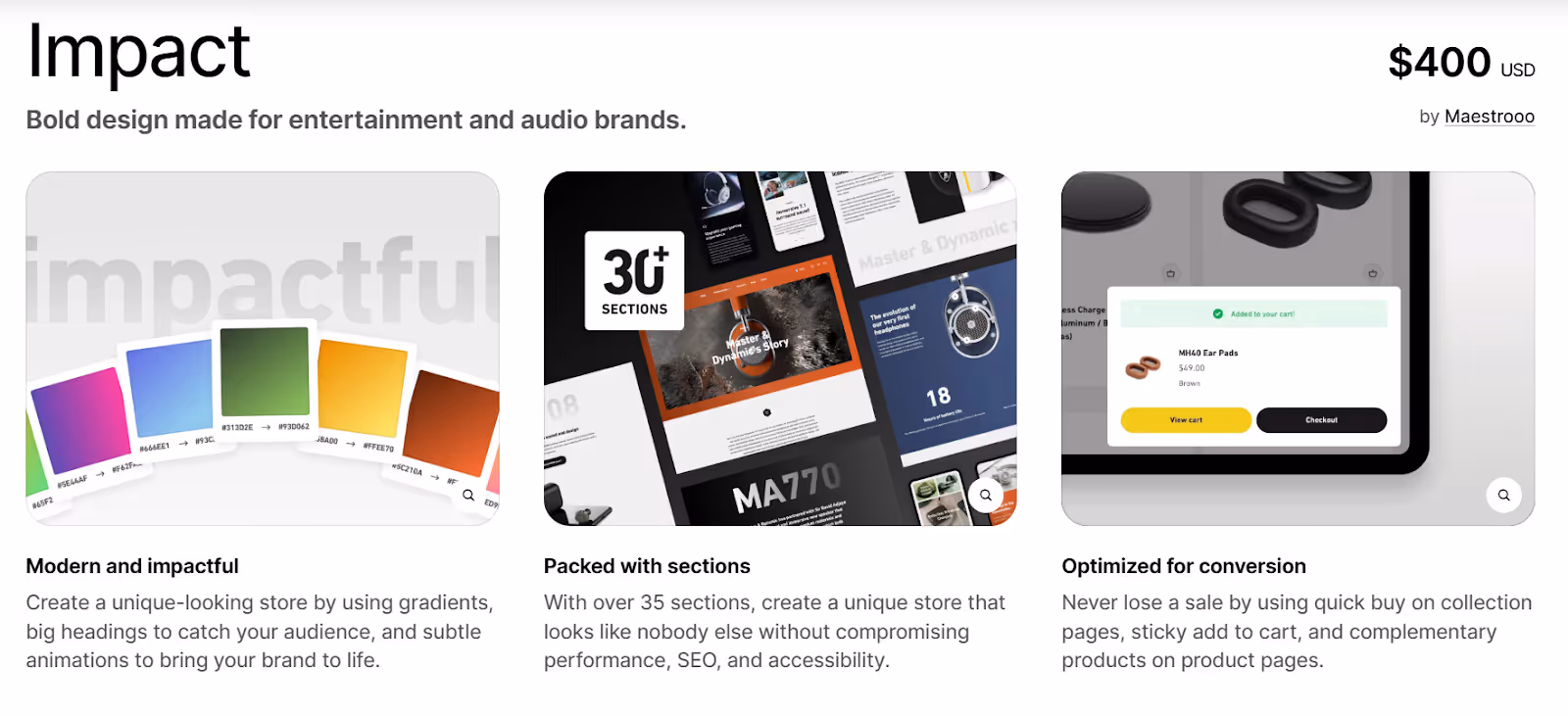 Impact's product page USPs