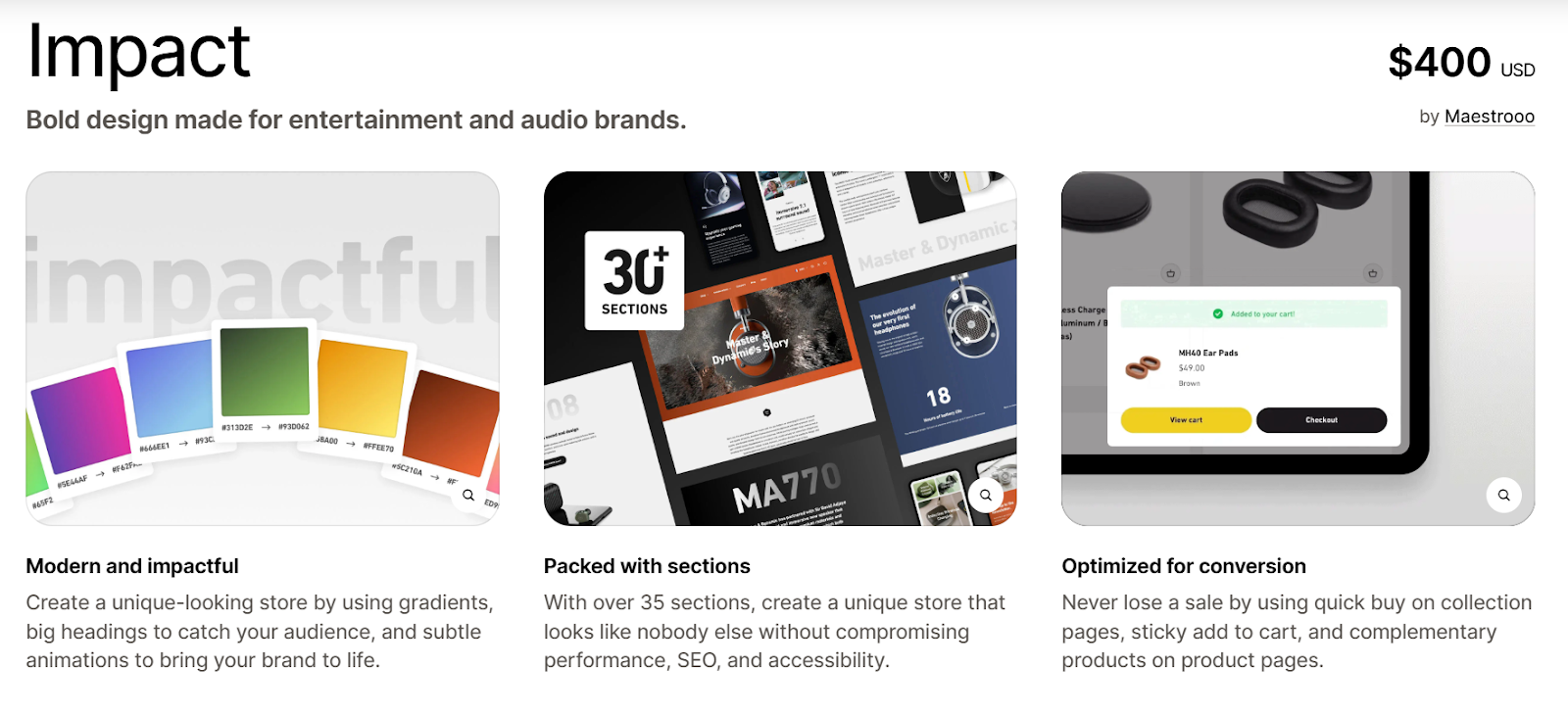 Impact's product page USPs