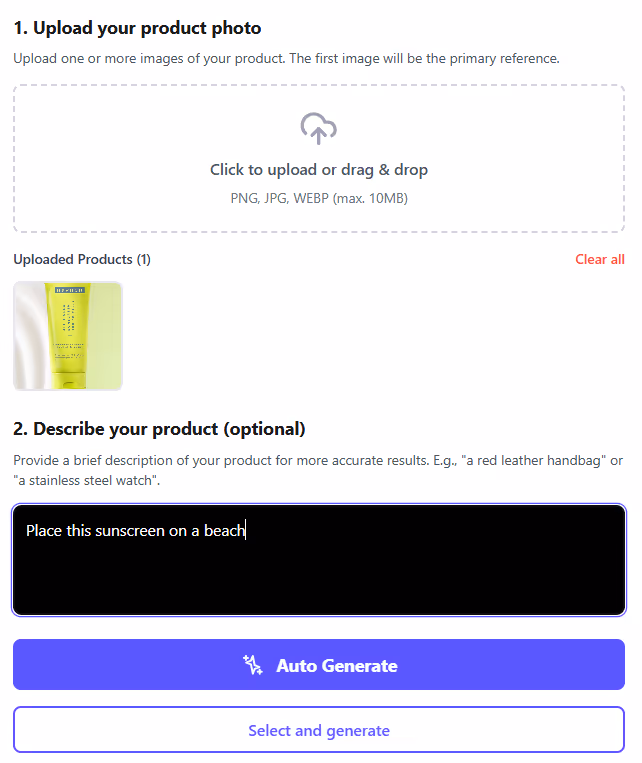 Screenshot of uploading product