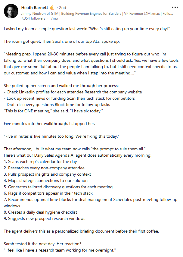 Linkedin post snippet on AI sales agent workflow