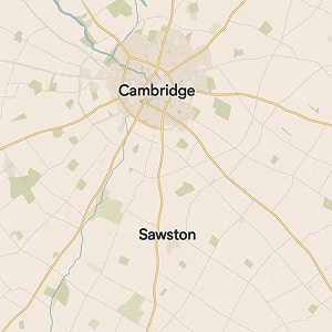 Map showing Sawston in relation to Cambridge