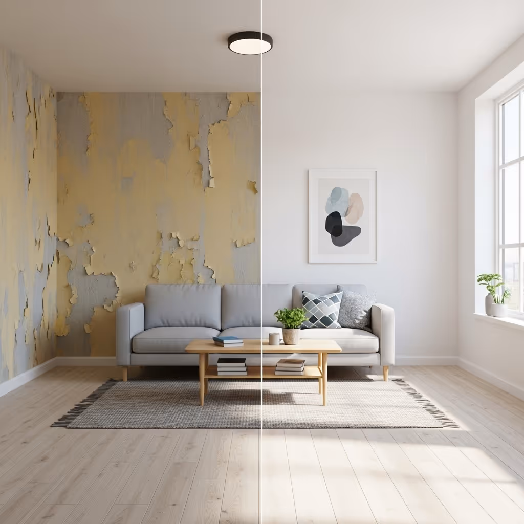 Ein geteiltes Bild zeigt ein Wohnzimmer im Vorher-Nachher-Vergleich. Links ist die Wand hinter einem Sofa in schlechtem Zustand, mit abblätternder gelber und grauer Farbe. Rechts ist dieselbe Wand in makellosem Weiß gestrichen, das Zimmer wirkt modern, hell und sauber.