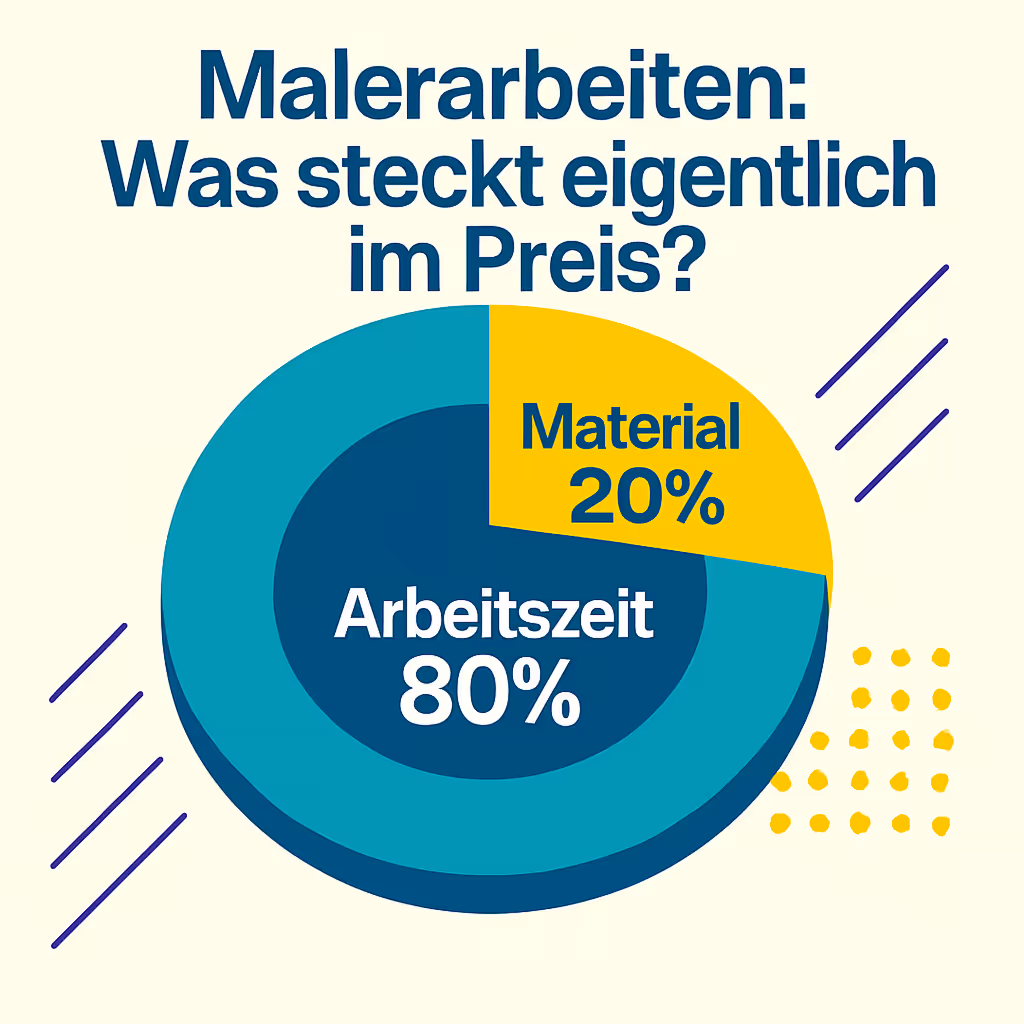 Eine Grafik mit dem Titel „Malerarbeiten: Was steckt eigentlich im Preis?“. Sie zeigt ein Tortendiagramm, das die Kostenaufteilung von Malerarbeiten veranschaulicht. Ein großer blaugrüner Abschnitt, der 80 % darstellt, ist mit „Arbeitszeit“ beschriftet. Ein kleinerer gelber Abschnitt, der 20 % darstellt, ist mit „Material“ beschriftet.
