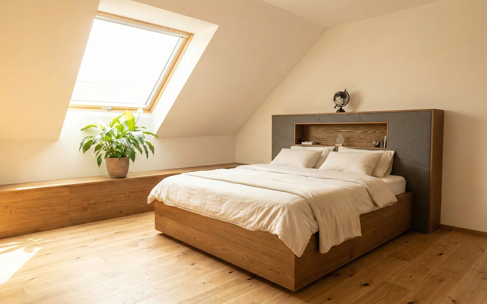 Helles Schlafzimmer mit Holzboden, großem Bett mit weißer Bettwäsche, Fenster im Dachschräge und Zimmerpflanze auf einem Holzregal.
