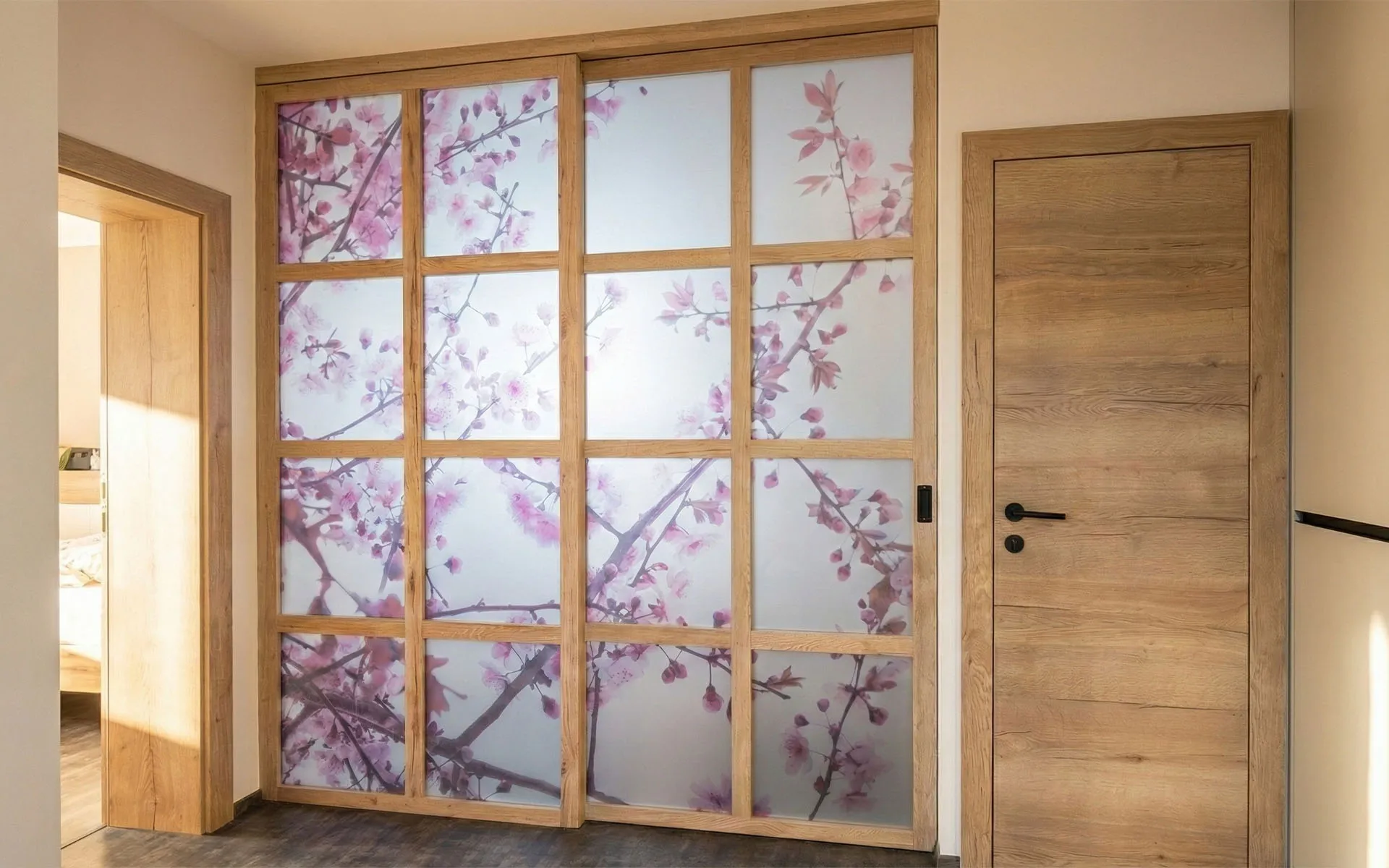 Schiebetüren mit rosa blühenden Kirschzweigen-Muster neben einer Holztür in einem hellen Raum.