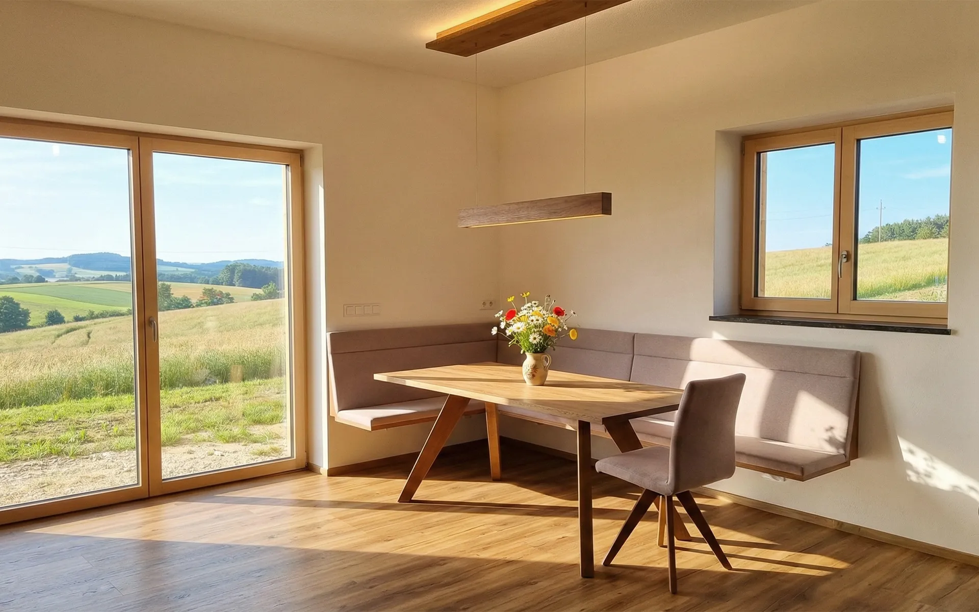 Heller Essbereich mit Holztisch, Eckbank, Stuhl und frischem Blumenstrauß vor großen Fenstern mit Blick auf grüne Felder.