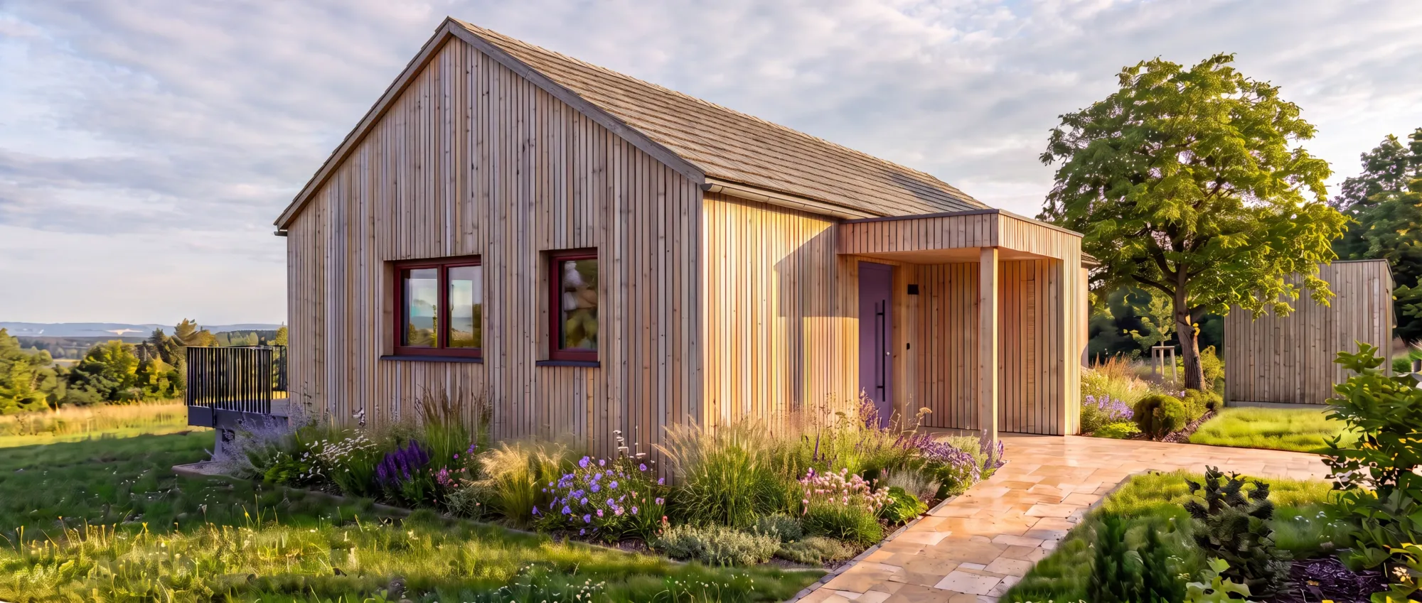 Das neue Studio von Design vom Grein in Edelsbach: ein Holzhaus mit Satteldach im Grünen