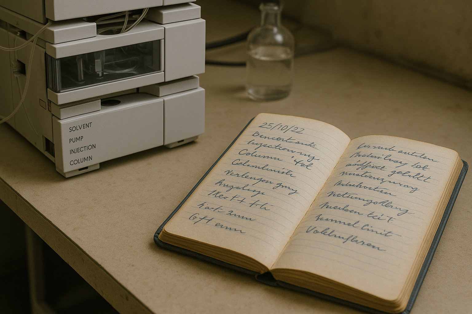 Papier-Logbuch direkt am HPLC-System – dokumentiert, aber kaum auswertbar.