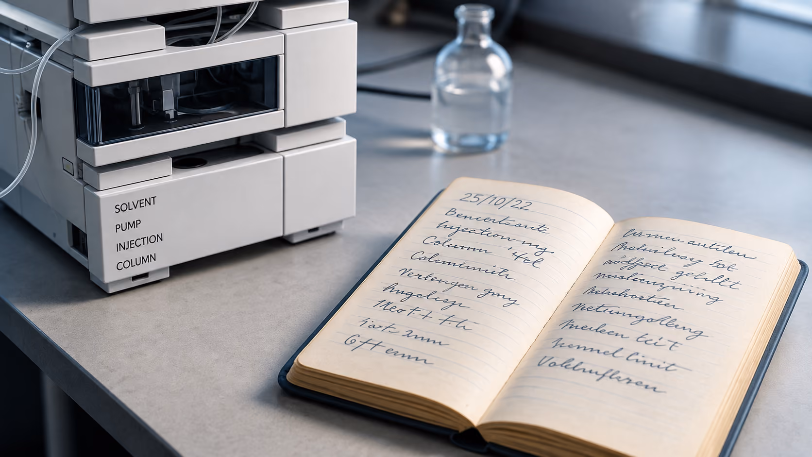 Paper logbook located directly at the HPLC system—documented, but difficult to analyze.