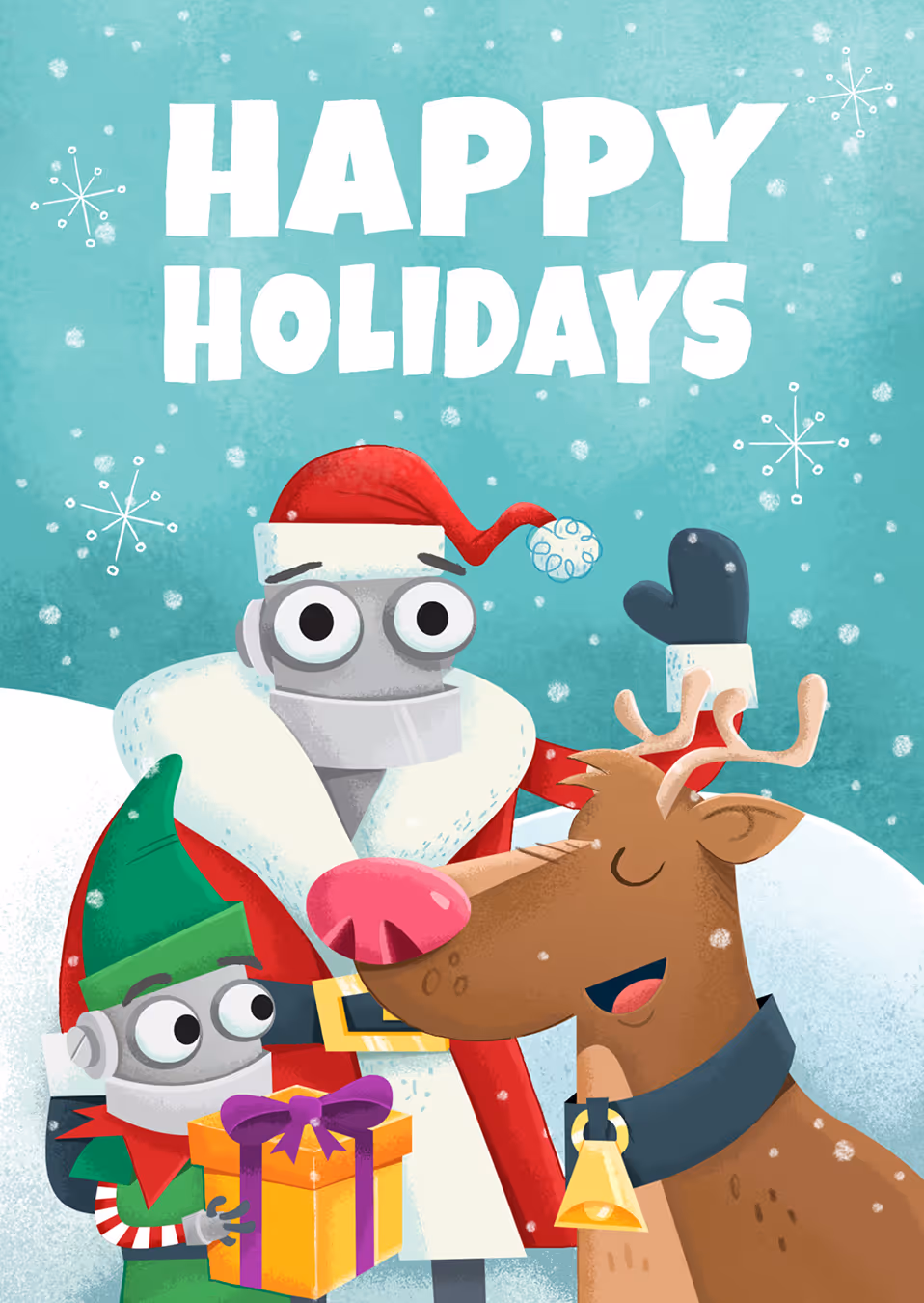 Santa as a robot with a robot elf and Rudolph