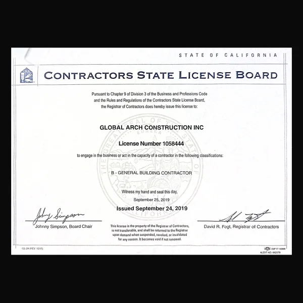 Global Arch Construction's Contractor State License Board