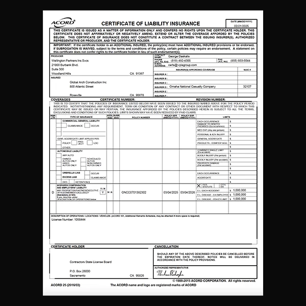 Global Arch Construction certificate of insurance