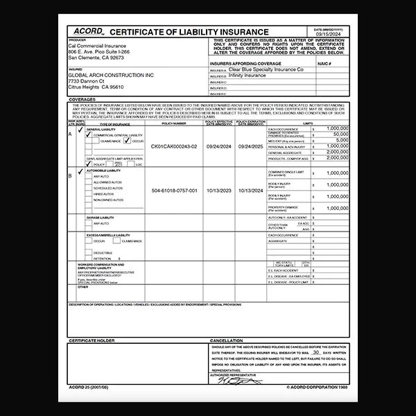 Global Arch Construction General Liability Insurance Certificate.