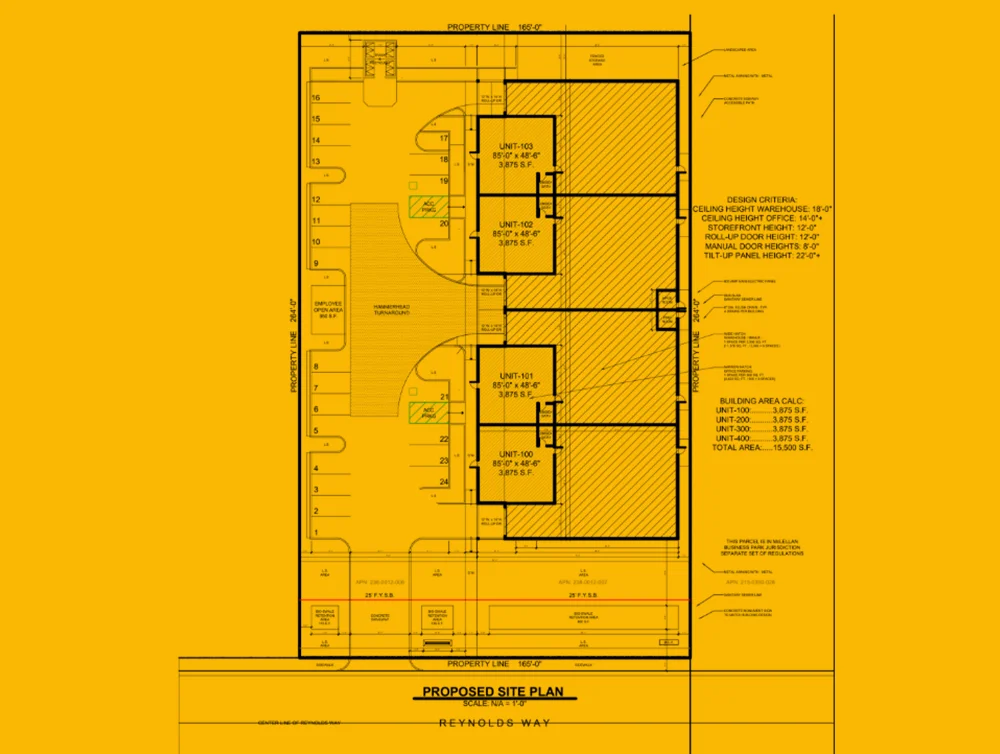 Blue print of a commercial site in Sacramento, CA designed by Global Arch Construction