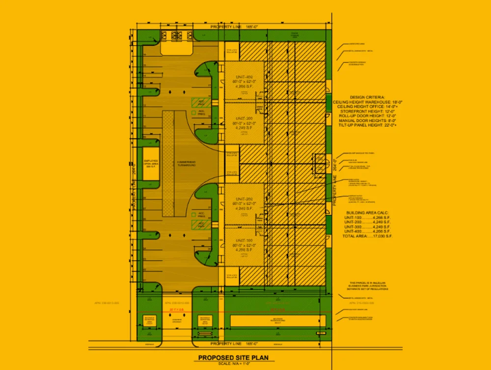 Blue print of a commercial site in Sacramento, CA designed by Global Arch Construction