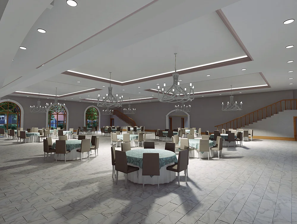 3D render of the interior of a church hall redesigned by Global Arch Construction