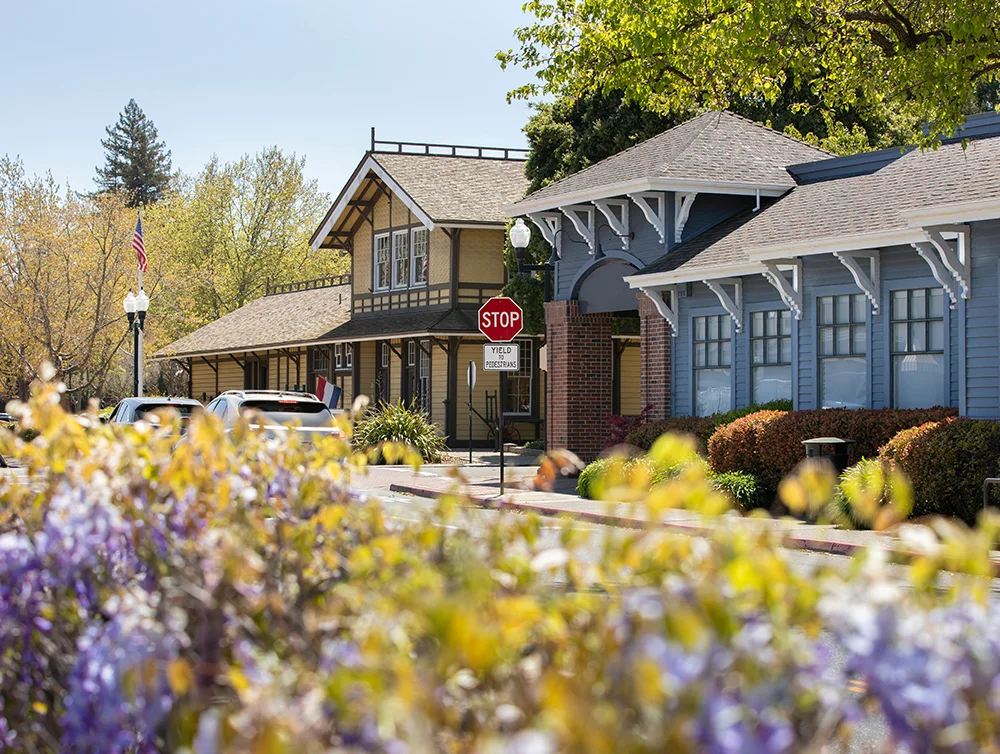 Afternoon sun shines of the historic urban core of downtown Danville, California, USA.