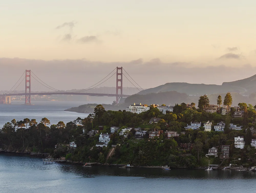 Belvedere at sundown with golden gate bridge in back