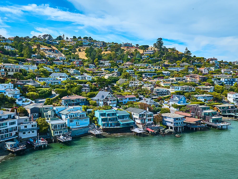 Tiburon waterfront properties on Lyford Cove aerial of city on hillside