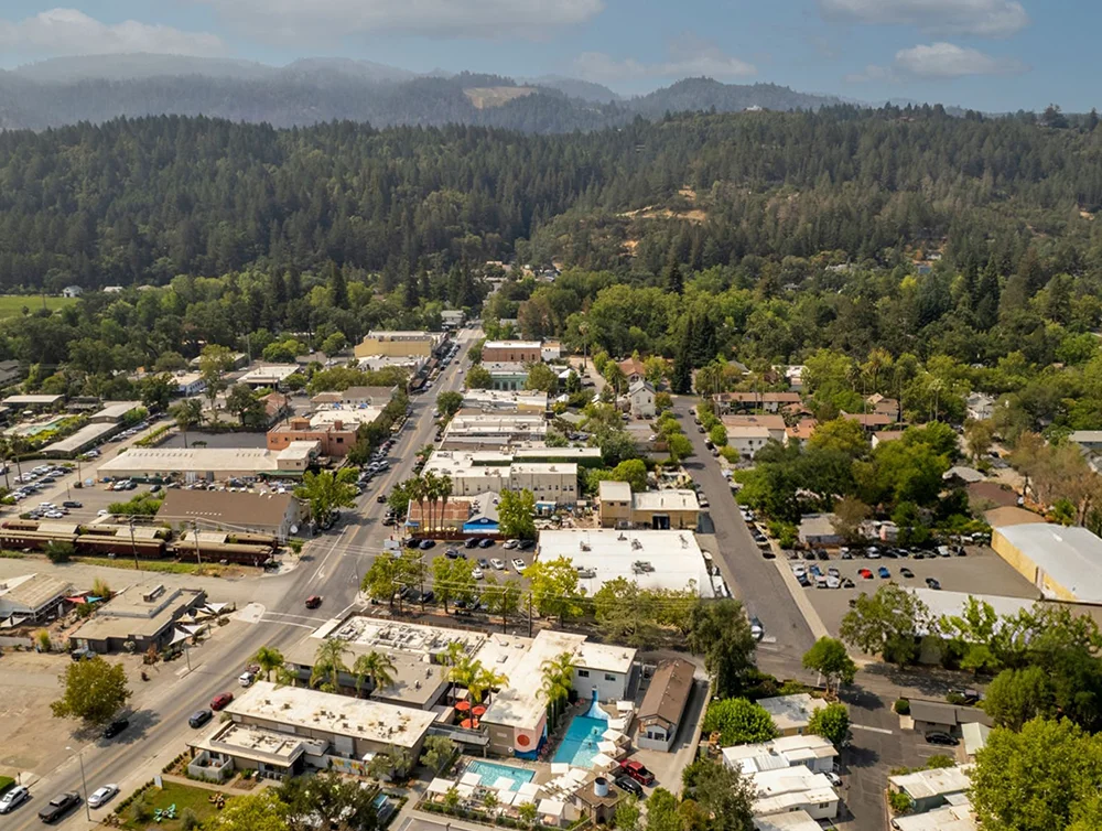 Aerial photo of Calistoga, California, a small rural town in Northern California known for its premier wineries.