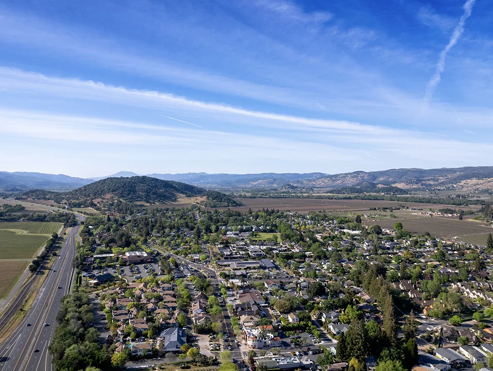 Aerial view of Yountville, California, one of the many small towns in Napa Valley known for its restaurants and wine