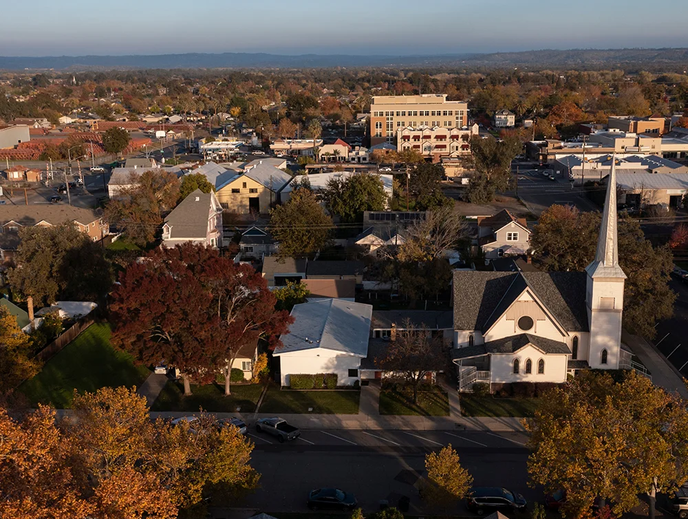 Sunset aerial view of the urban core of downtown Lincoln, California, USA.