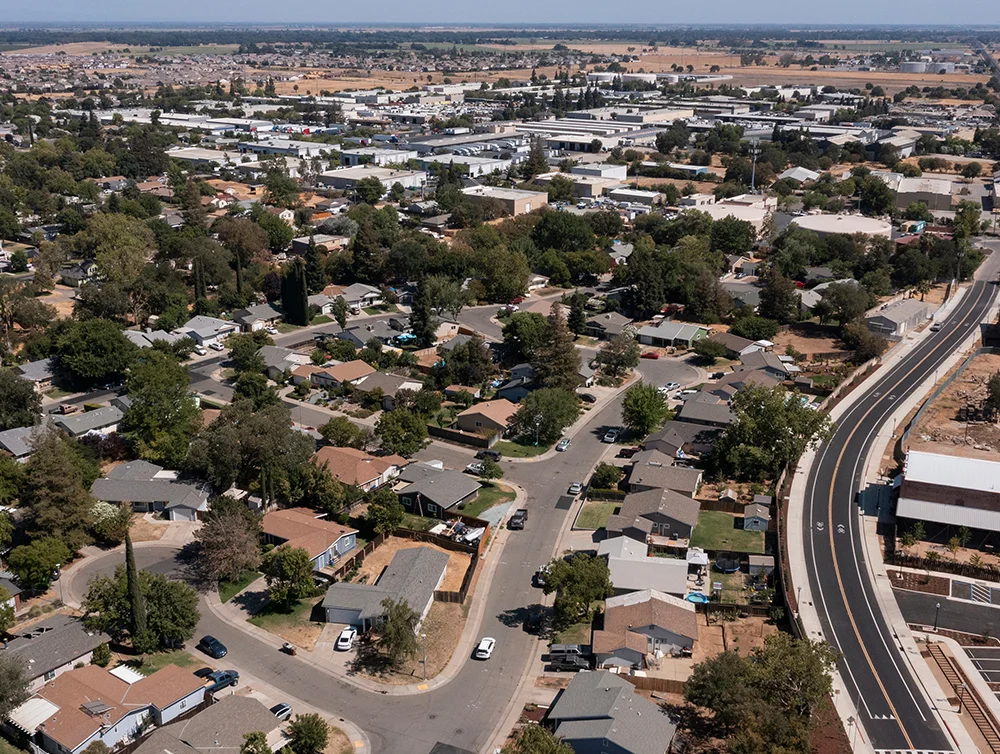 Afternoon aerial view of a suburban neighborhood of Elk Grove, California, USA.