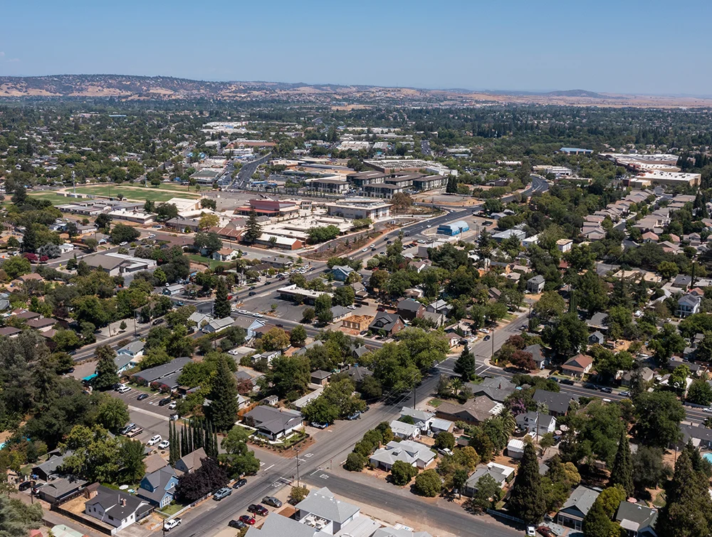 Daytime aerial view of historic downtown Folsom, California, USA.