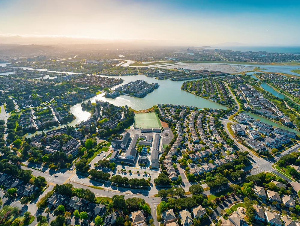Aerial view of residential real estate homes in Foster City, CA