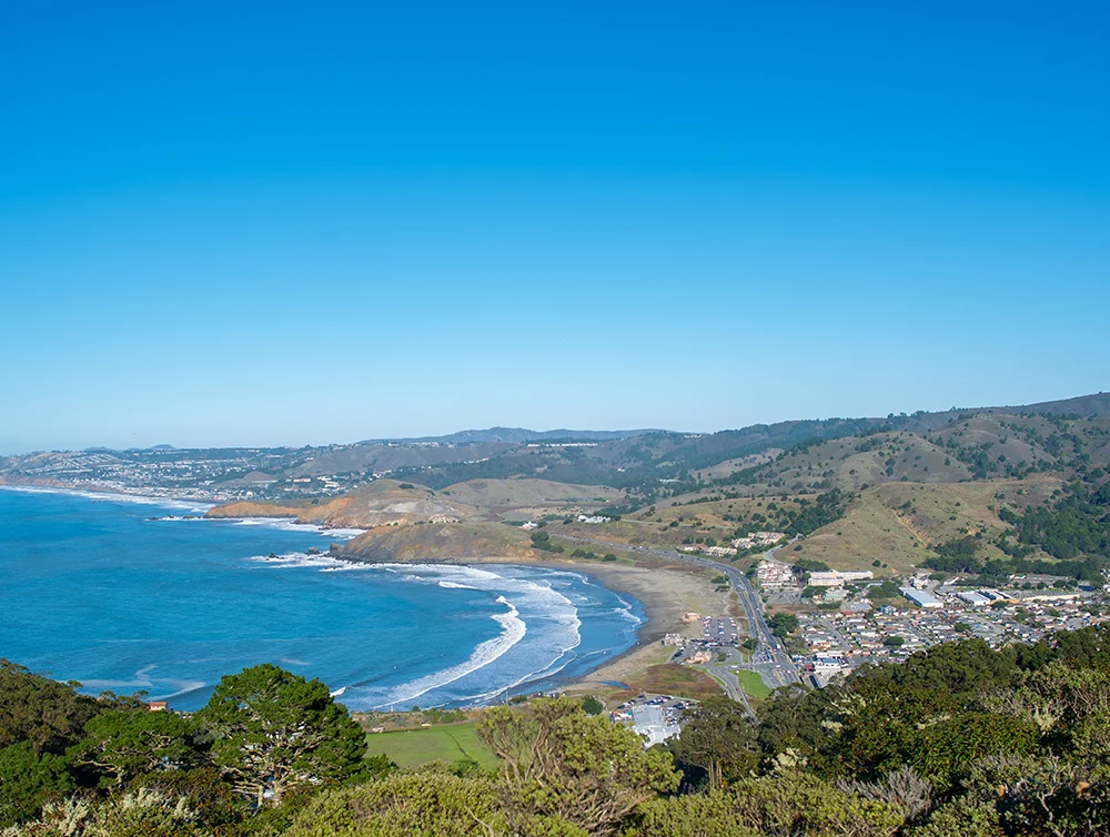 Aerial view, Pacifica, CA, blue ocean and waves