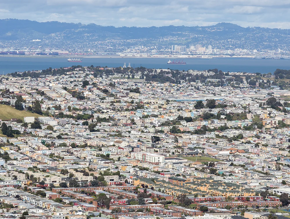 Aerial View of Daly City and Brisbane from San Bruno Mountain State Park. San Mateo County, California, USA.