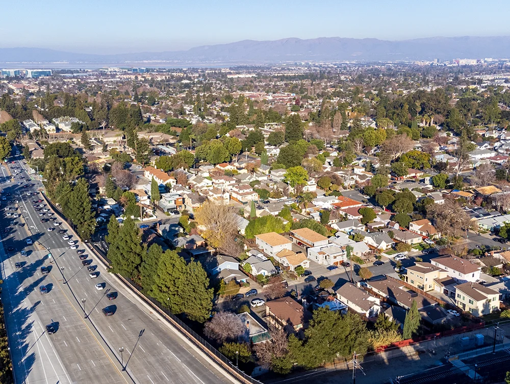 Aerial view of a suburban neighborhood in Sunnyvale, California near S Mathilda Ave.