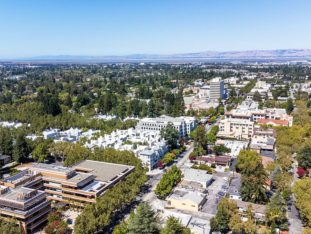 Aerial panoramic view of downtown Mountain View, California, along Castro Street, looking toward San Francisco Bay.
