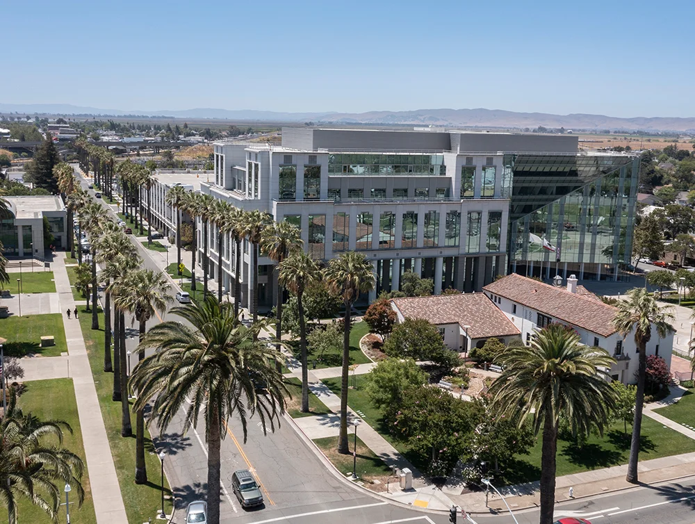 Daytime aerial view of historic city center of Fairfield, California, USA.